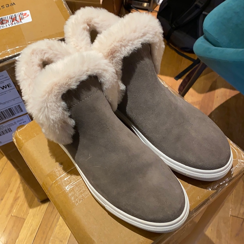 J/Slides Waterproof Suede Booties w/ Faux Fur Trim
